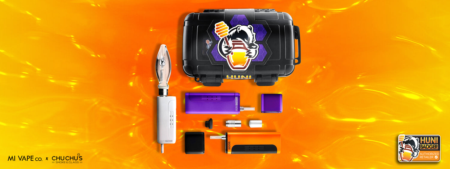 mi vape co huni badger vertical vaporizer product white orange purple case
