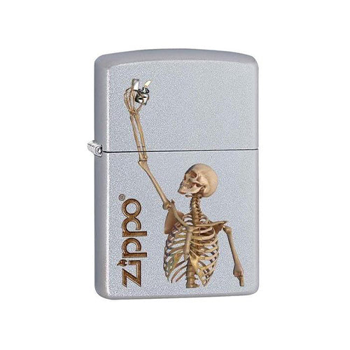 Zippo Lighter - Skeleton Holding Zippo Satin Chrome